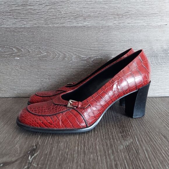 Vintage Franco Sarto Red Leather Alligator Print  Chunky Heel Pump Size 7.5 - Picture 3 of 11